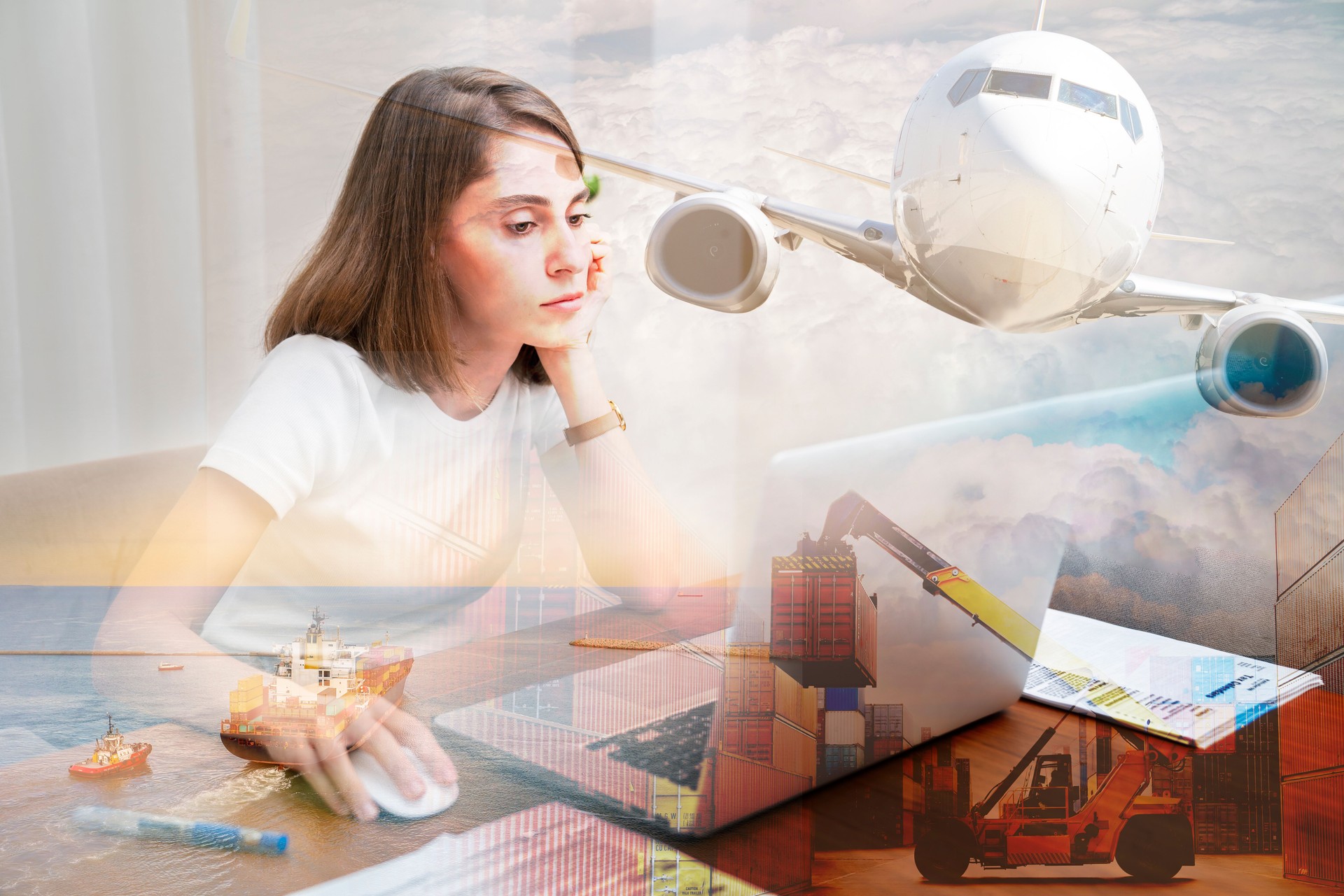 Global Business Network Distribution, Containers Logistics Transport Concept, Double Exposure of Freight Ship, forklift and airplane.