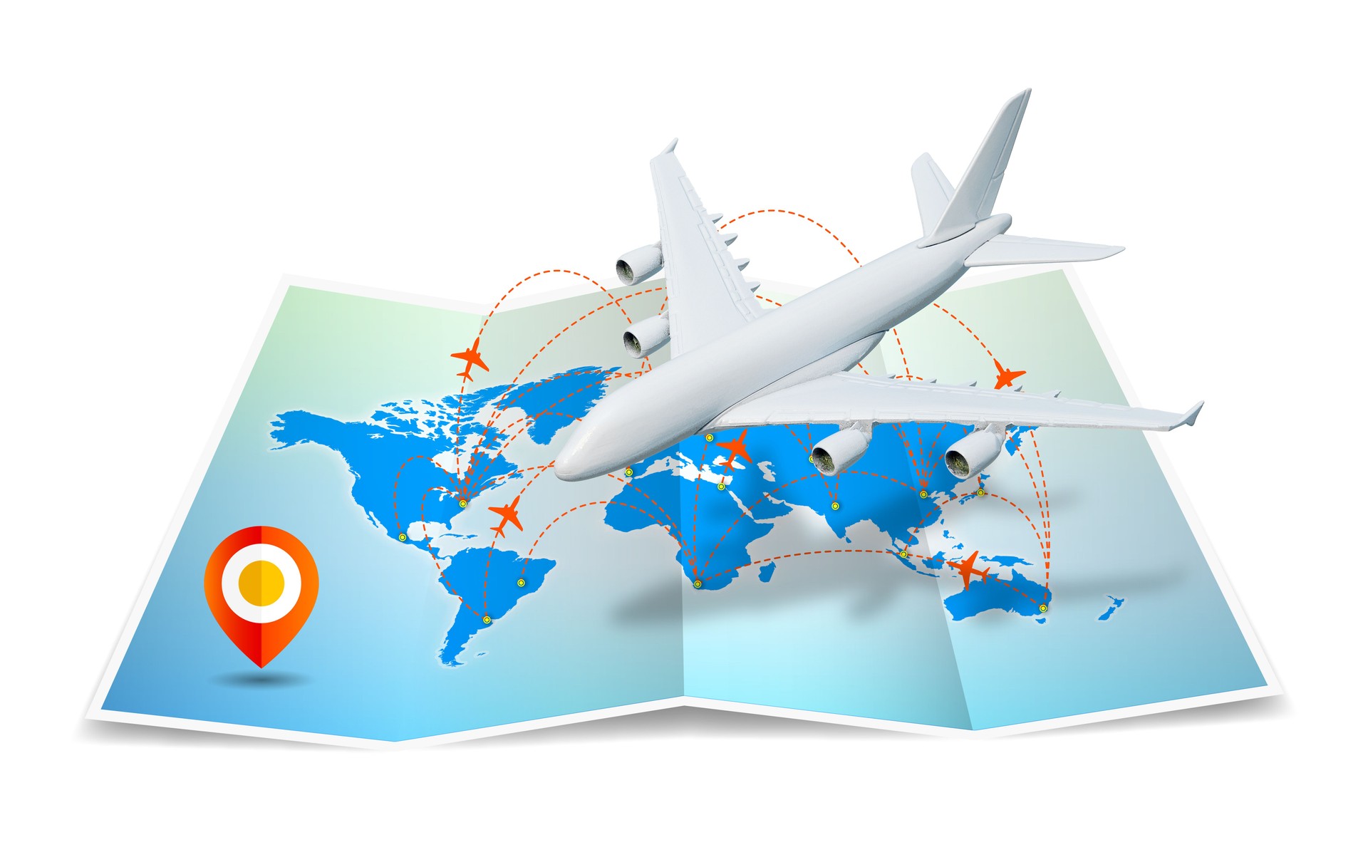 (Clipping path) world Map folded with global airline isolated on white background