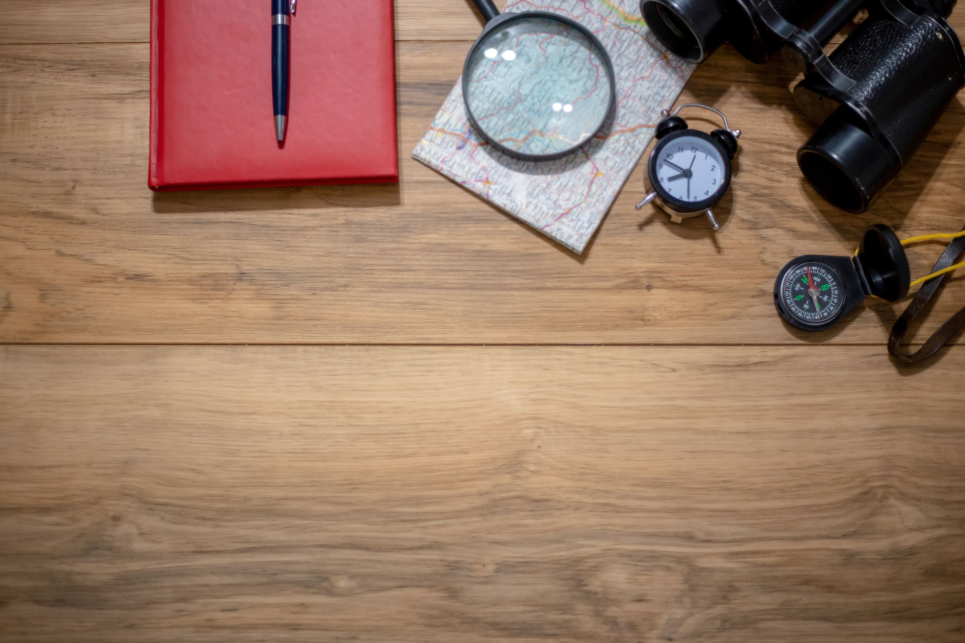 Equipment for a traveler on wooden surface